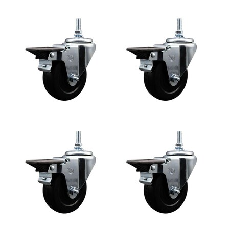 Service Caster 35 Inch Soft Rubber 12 MM Threaded Stem Caster Set with Brake SCC-TS20S3514-SRS-PLB-M1215-4